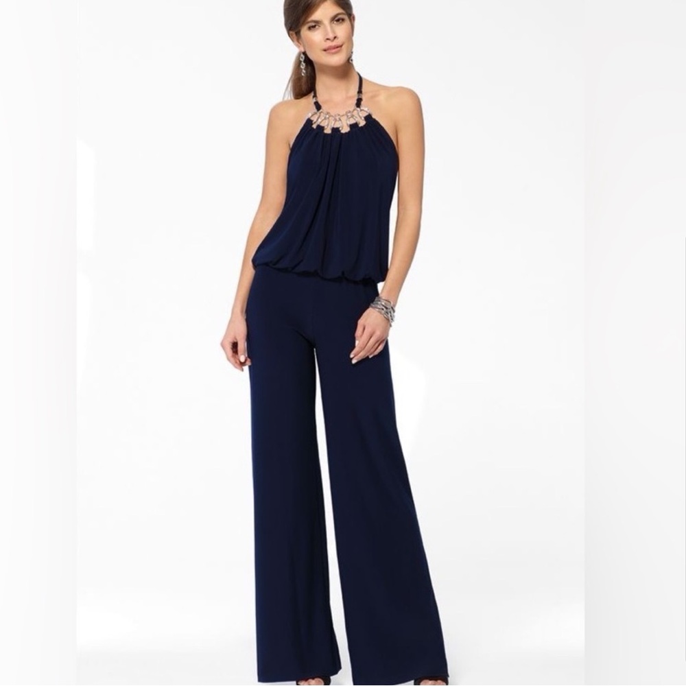 NWT Cache Navy Jumpsuit with Silver Necklace Tie Back Halter Sz L
